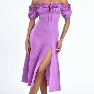 MISS CIRCLE QUINLEY LILAC OFF THE SHOULDER LINEN MIDI DRESS IN XS